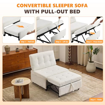 VINGLI Convertible Sofa Bed Tufted Teddy Fleece Sleeper Chair Bed Couch Armless Living Room Chairs with Adjustable Backrest Pull Out Couch Bed for Small Spaces - color: White
