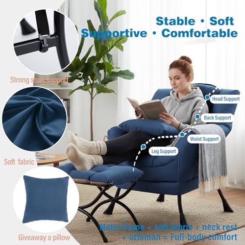 Lazy Chair with Ottoman, Comfy Reading Chair for Bedroom, Blue | Comfy Bedroom Accent Chair with Washable Removable Cover and extra throw pillow for Living Room Dorm - color: Peach Royal Blue