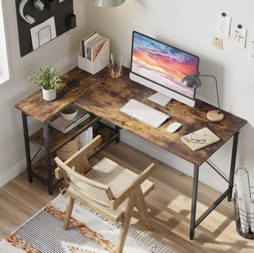 L-Shaped Rustic Brown Desk with Adjustable Shelves, 55 inches OD51664