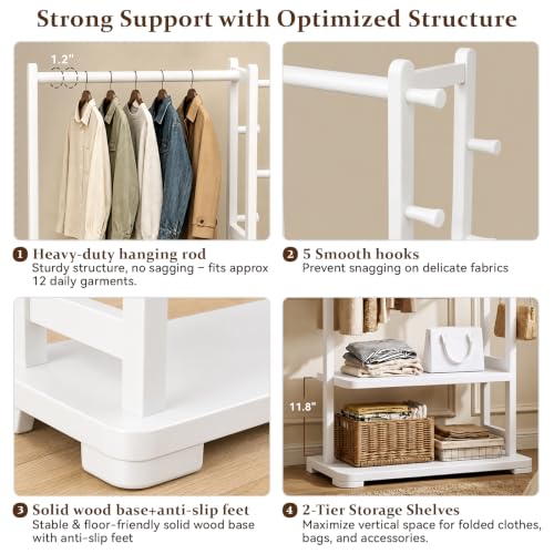Solid Wood Clothes Rack with 2 Shelves & 4 Hooks for Hanging Clothes Garment Wallets Hats, White Clothing Rack Heavy Duty Coat Rack Freestanding with Storage Hall Tree for Hallway Bedroom Living Room | Hallway bedroom living room, durable wood constructio