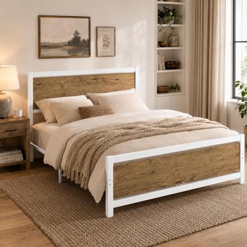 Queen Bed Frame with Headboard, Queen Metal Platform Bed Frame with Steel Slat Support, 10.5 in Under Bed Storage, No Box Spring Needed, Easy Assembly, White Brown - color: White&brown, size: Queen