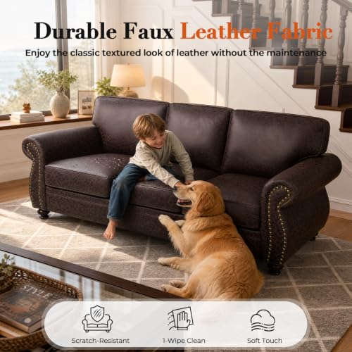 71" W Loveseat Sofa Couch, Faux Leather Fabric Sofas, Brown | Mid-Century Love Seat with Nailhead Trim, Upholstered Couch Set for Living Room Bedroom - color: Brown, size: S-2 seat