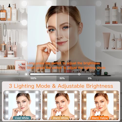 Quimoo Large Vanity Desk with LED Lighted Mirror & Power Outlet,Makeup Vanity Table with 7 Drawers,4 Shelves and 5 Hooks,Vanity Table, Vanity Desk Set for Bedroom,Bathroom,White - color: White 7 Drawers