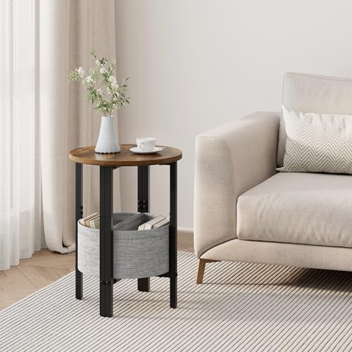 Small Round Side Table, Accent End Table with Storage Basket, Set of 2 Half Round Coffee Table End Table, Half Moon Bedside Table, Modern Nightstand Couch Table for Living Room Bedroom, Brown - color: Rustic Brown