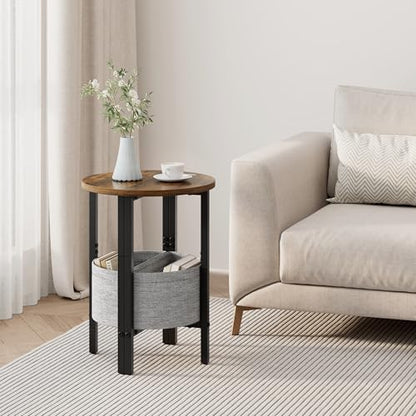 Small Round Side Table, Accent End Table with Storage Basket, Set of 2 Half Round Coffee Table End Table, Half Moon Bedside Table, Modern Nightstand Couch Table for Living Room Bedroom, Brown - color: Rustic Brown