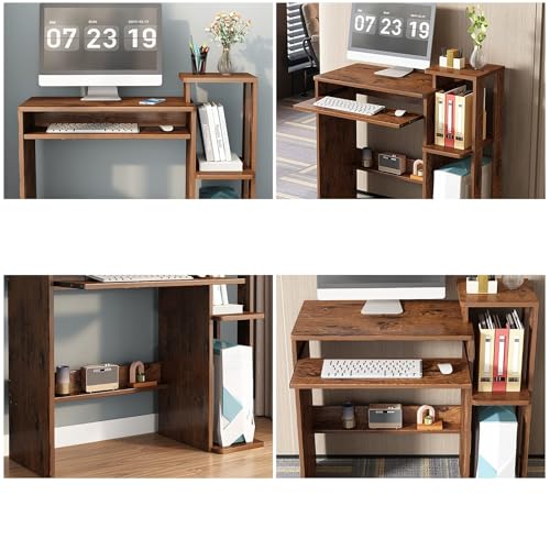 35" Compact Computer Desk with 3-Tier Storage Shelves & Keyboard Tray – Small Study Table for Bedroom or Home Office (Brown) - color: Brown
