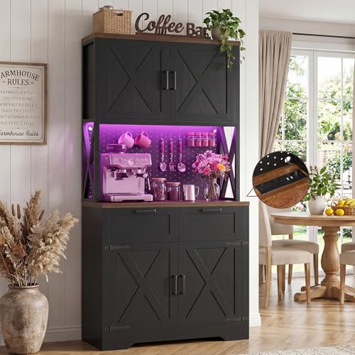 Unikito 71" Tall Kitchen Pantry Cabinet with Microwave Countertop, Black | Freestanding Storage Cabinet Kitchen Hutch with Charging Station & LED Lights, Drawers & DIY Pegboard for Dining Room - color: Black, size: 32 Inch