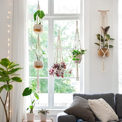 Mkono Macrame Plant Hangers Indoor Set of 4 Hanging Planter Basket Ivory | Wall Decorative Hanging Flower Pot Holder for Plants 35"-55" Length, Cotton Rope, with 4 Hook, Boho Home Decor & Aesthetics - color: Ivory