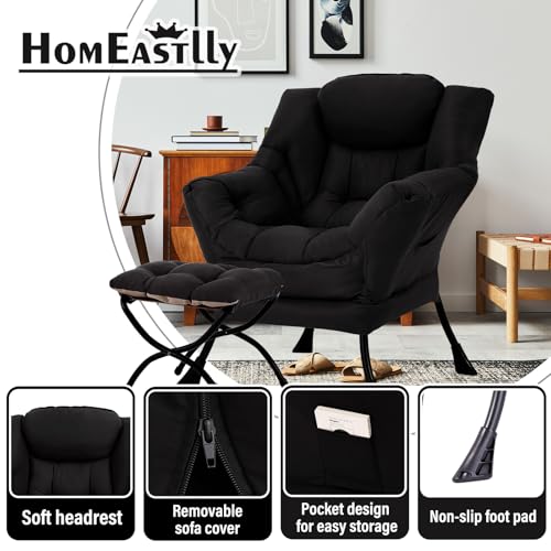 Lazy Chair with Ottoman, Soft Comfy Chair for Bedroom, Black | Reading Accent Lounge Chair with folding Foot Stool for Living Room Dorm Apartment, sturdy metal frame - color: Black