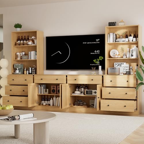 TUSY 71" Large TV Stand Set - TV Entertainment Center for TVs up to 65", Media Center with Tempered Glass Doors and Drawer, TV Hutch with Bookshelves for Living Room (Wood, BEEB) - color: Wood