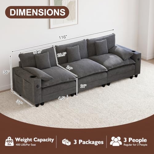 KCGKCG 116" 3-Seater Cloud Sofa, Modular Sectional Couch, Chenille Deep Seat Cloud Couch with Charging Station, Cup Holder, Side Pocket, Double Layer Seat Cushion Couches for Living Room, Grey - color: Grey, size: 116"- Loveseat