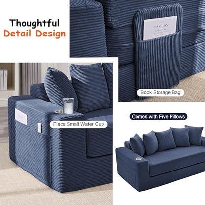 76" Convertible Sofa Bed, Corduroy Boneless Couch with Cup Holders & Pocket | 2-in-1 Sleeper Sofa, Pull-out Couch Bed with 5 Pillows, Living Room, Small Spaces, Bedroom, No Assembly - color: 76" Blue