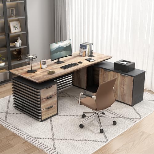 SAINTCY L Shaped Executive Standing Desk with Drawers, 70.87In Large Modern Adjustable Heigh Office Desk w/File Cabinet, AC/USB, 2.56" Thick Floating Desktop,for Home Office, Studio - color: Right, size: 62.99"D x 70.87"W x 29.5"H