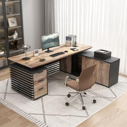 SAINTCY L Shaped Executive Standing Desk with Drawers, 70.87In Large Modern Adjustable Heigh Office Desk w/File Cabinet, AC/USB, 2.56" Thick Floating Desktop,for Home Office, Studio - color: Right, size: 62.99"D x 70.87"W x 29.5"H
