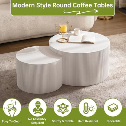 26 inch Round White Fluted Nesting Coffee Table Set of 2, B Large | Spray Painting Finish, For Living Room, Nested Crescent Side Table, Nestable Design, Mid-Century Modern, For Small Spaces - color: White a Large