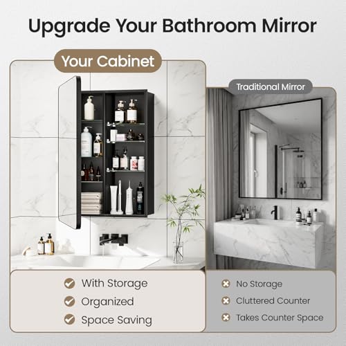 20x26 Black Medicine Cabinet with Mirror, Recessed & Surface Mount | Bathroom mirror with storage: 6 adjustable shelves fit tall bottles; DTC soft-close hinges; rust-resistant aluminum - size: 20" x 26"