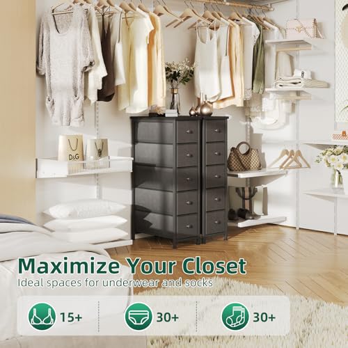Narrow Dresser, 19" Wide Narrow Nightstand Dresser Storage Tower with 5 Drawers, Slim Fabric Dressers Chest of Drawers for Small Spaces, Wood Top & Fabric Bins for Bedroom Bathroom Closet (Black) - color: Black