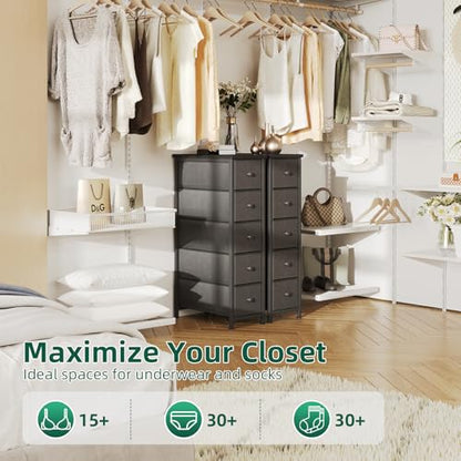 Narrow Dresser, 19" Wide Narrow Nightstand Dresser Storage Tower with 5 Drawers, Slim Fabric Dressers Chest of Drawers for Small Spaces, Wood Top & Fabric Bins for Bedroom Bathroom Closet (Black) - color: Black