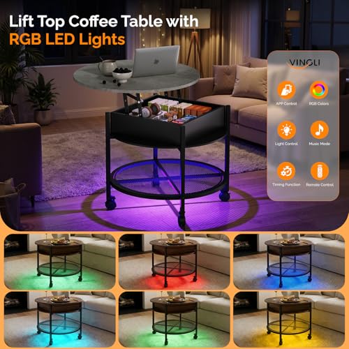VINGLI 27" Round Lift Top Coffee Table with Wheels & Lights, Black & Grey | Removable Coffee Table with Hidden Compartment Storage & Metal Shelf, Small Farmhouse Coffee Tables for Living Room, Office - color: Black & Grey