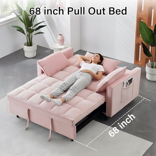 3 in 1 Convertible Sleeper Sofa Bed, Velvet Loveseat Futon Pull-Out Couch with Adjustable Reclining Backrest, Side Pockets and Pillows for Living Room, Bedroom, Apartment, Small Spaces (Pink-Velvet) - color: Pink-velvet