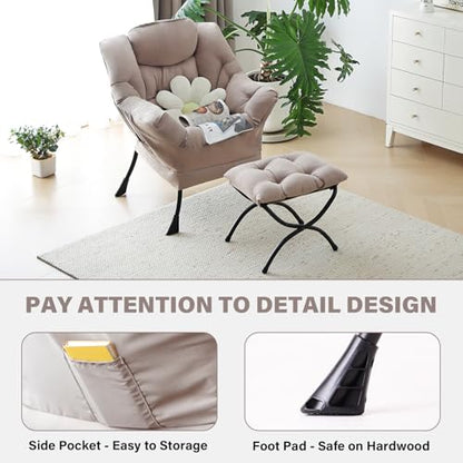 Lazy Chair with Ottoman, Comfy Reading Accent Chair, Khaki | Foldable Footrest, Padded Seat and Backrest, Side Pocket for Lounging in Living Rooms, Bedrooms, Dorms and Small Spaces - color: Peach Skin Khaki