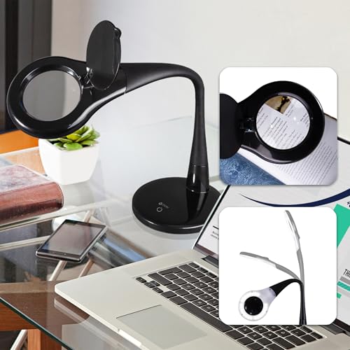 OttLite Prevention LED Desk Lamp with Adjustable Magnifier, Black | ClearSun LEDs Reduce Eyestrain | 1.7x Optical Grade Magnifier with 3.4x Spot Viewer | 4 Brightness Settings