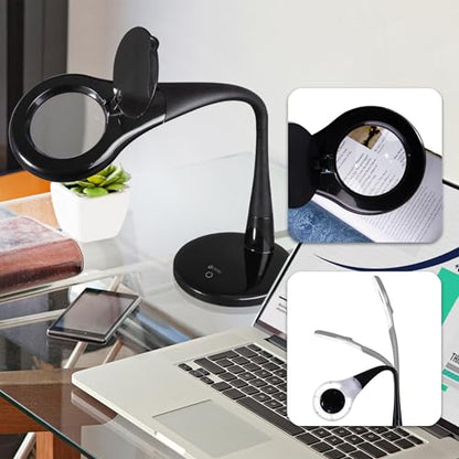 OttLite Prevention LED Desk Lamp with Adjustable Magnifier, Black | ClearSun LEDs Reduce Eyestrain | 1.7x Optical Grade Magnifier with 3.4x Spot Viewer | 4 Brightness Settings