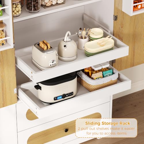 IRONCK 70" Kitchen Pantry Cabinet with Pull-Out Shelves, White | Pantry Storage Cabinet with 6 Door Organizers, 2 Drawers, Kitchen Storage for Kitchen, Dining Room,White & Natural