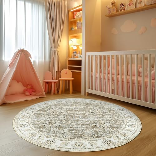 jinchan Round Rug 5ft Area Rugs Vintage Floral Distressed Design - Machine Washable Non-Slip Low-Pile Ultra-Thin Circle Rug for Entryway Bedside Living Room Dining Room Bedroom (5' Round,Taupe)