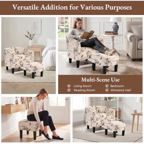 Oversized Accent Chair with Ottoman, 23.2" W Oversized Club Chair with Ottoman Set, Comfy Fabric Barrel Reading Chairs for Living Room Bedroom, Round Reading Chair with Foot Rest, Flower Pattern - color: Flower Pattern, size: Large
