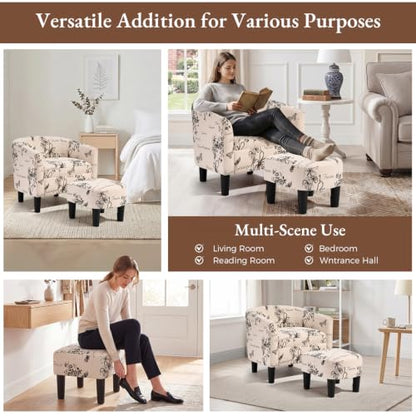 Oversized Accent Chair with Ottoman, 23.2" W Oversized Club Chair with Ottoman Set, Comfy Fabric Barrel Reading Chairs for Living Room Bedroom, Round Reading Chair with Foot Rest, Flower Pattern - color: Flower Pattern, size: Large