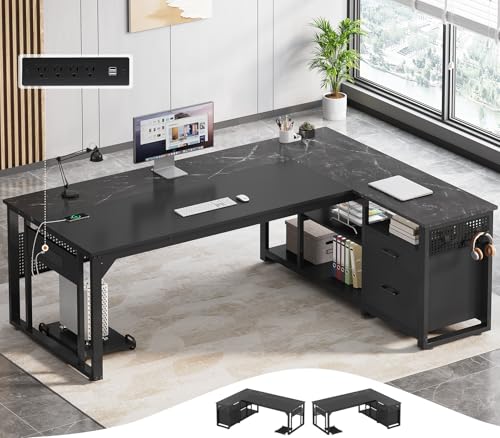 71" L Shaped Executive Desk, Office Desk with Storage Drawers | Reversible Modern Computer Desk with File Cabinet & Shelves, Large Corner Desk with Pegboard, Mobile CPU Stand, Black - color: Black, size: 2 Drawers