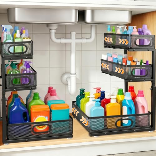 3 Tier Adjustable Under Sink Organizer for Bathroom & Kitchen(2Pack, Black) | 35% More Storage, 5 Adjustable Heights, Sliding Pull Out,No Sliding, Heavy-Duty Steel Frame, Multi-Purpose Cabinet Organizer - color: Black, size: 2 Pack