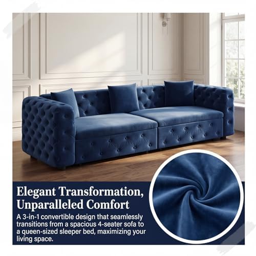 89" 4-Seater Queen Size Pull Out Sofa Bed with 3 Pillows, Blue | 4-Seater Classic Velvet Sofa with Tufted Design,3 Pillows,89" Extra Large 3-in-1 Pull Out Sofa - color: Q-blue-w01
