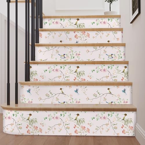 17.7"x78.7" Rustic Hummingbird Floral Wallpaper Peel and Stick Decorative Purple/Pink Floral Contact Paper for Cabinets Drawers Removable Self Adhesive Mural Wallpaper for Bedroom Nursery