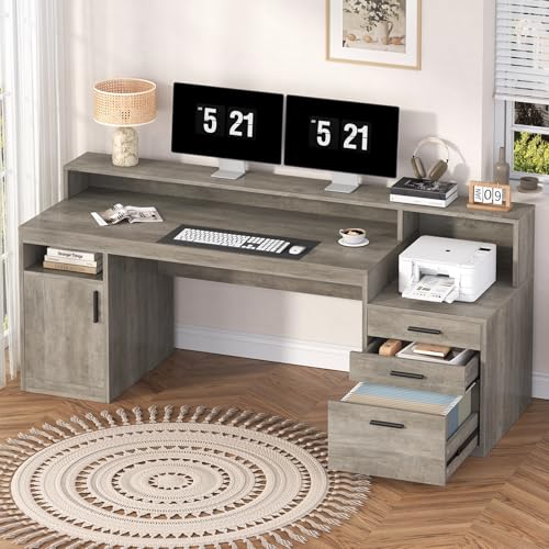 65" Computer Desk with 3 Drawers & Printer Shelf for Home Office | Office Desk with Printer Shelf & File Drawer, Executive Desk Writing Study Table with Monitor Stand, Grey - color: Grey
