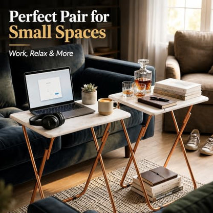Japard Folding Couch TV Tray Table Set of 2, Heavy Duty Metal Frame 660lbs, Portable Laptop Desk No Assembly Required (2-Pack, Marble White) - color: White Marble - 2 Pack