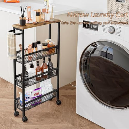 Slim Rolling Cart 5 Tier Narrow Storage Cart on Wheels with Handle | Lockable Wheels, Wood Top Panel, Metal Frame Utility Carts for Kitchen, Dining, Living, Home Office, Laundry Room - size: 16.38 x 5.12 x 39.17 inch