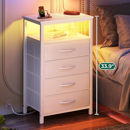 Huuger Night Stand with Charger Station and LED Lights, 4 Drawer Nightstand | Bed Side Table with Open ShelfEnd TableFabric Dresser for Bedroom, PU Leather, White - color: White, size: 11.8"D x 15.7"W x 33.9"H（4 Drawers）
