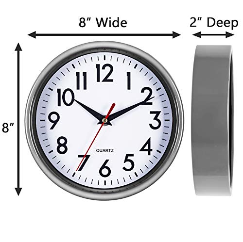Bernhard Products Silver Wall Clock 8" Silent Non-Ticking Quality Quartz Battery Operated Clock for Home Kitchen Bedroom Bathroom Classroom Nursery Room Easy to Read - color: Silver