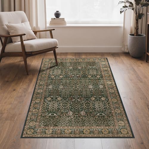 3x5 Washable Area Rug for Living Room, Dark Green Brown | Vintage Distressed Floral, Spill Resistant, Lightweight Low Pile Non-Shedding Carpet for Bedroom, Dining Room and Office - color: Dark Green Brown, size: 3' x 5' (Rectangular)