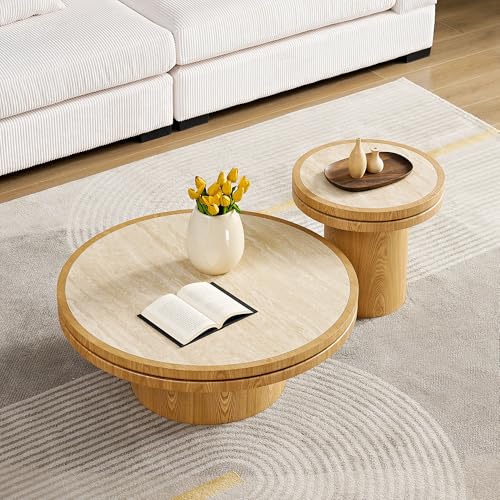 19.49 Round Side Table with Sintered Stone Tabletop & Sturdy Base, Modern MDF Circle Small Coffee Table Double Layer Tabletop End Table for Living Room, Easy Assembly - Natural - color: 19.49" Side Table With Sintered Tabletop,natural