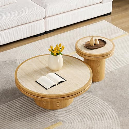 35.43 Round Coffee Table with Sintered Stone Tabletop & Sturdy Base, Modern MDF Circle Center Table Double Layer Tabletop Tea Table for Living Room, Easy Assembly - Natural - color: 35.43" Coffee Table With Sintered Tabletop,natural