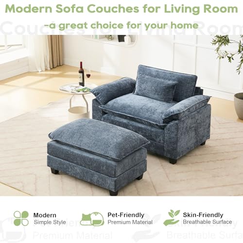53" Modular Sectional Sofa, Comfy Deep Cloud Couch with Ottoman | Couches for Living Room, Sofa Bed, Modular Couch, Deep and Wide Seat, Chenille Sofa Sleeper with Throw Pillows, Blue - color: Blue, size: 53 Inch 2
