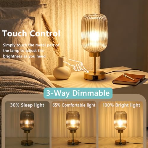 LAMSU Grey Glass Table Lamp for Bedroom with Bulb, Small Beside Lamp with USB Ports, 3 Way Dimmable Desk Lamp, Vintage Modern Nightstand Lamp for Living Room, Office, Ambient Mood Lighting - color: Gray