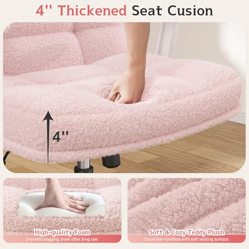 DurayLoly Criss Cross Chair with Wheels and Flip-up Arms | 360° Swivel,Plush Teddy Fabric Cross Legged Chair, Adjustable Height for Bedroom, Home Office, Apartment,Vanity,Pink - color: Light Pink