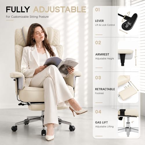 Office Desk Chair, High-Back Big and Tall Leather Chair with Footrest | Ergonomic Reclining Computer Chairs, Comfy Executive Wide Chair with Lumbar Support, Adjustable Armrests, 400LBS (Beige) - color: Beige
