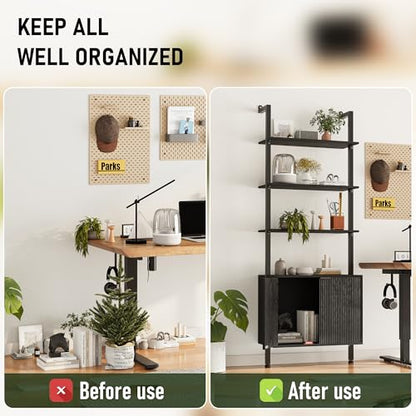 74" Tall Bookshelf with Storage Cabinet, Modern Ladder Shelf with Wood and Metal Frame, Wall Mount Bookcase Open Display Shelf Furniture for Living Room, Bedroom, Home Office，Black - color: Black