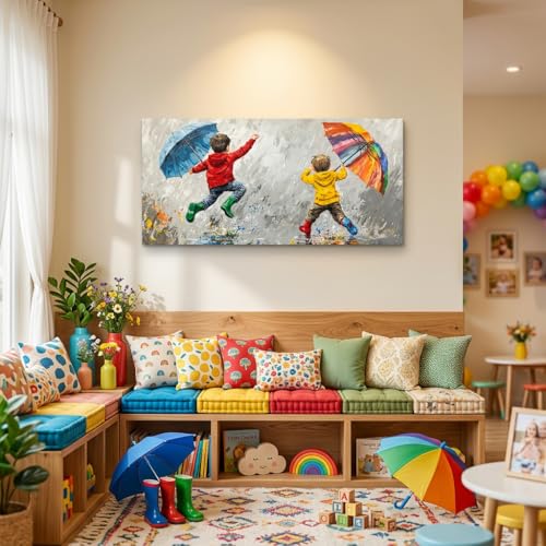 ZESTRILIA Joyful Kids Playing in Rain Canvas Wall Art, Rainbow Umbrella Children Oil Painting Print, Modern Colorful Impressionist Art for Nursery Bedroom Playroom Living Room (40x20 Inch) - color: Blue Children Umbrellas