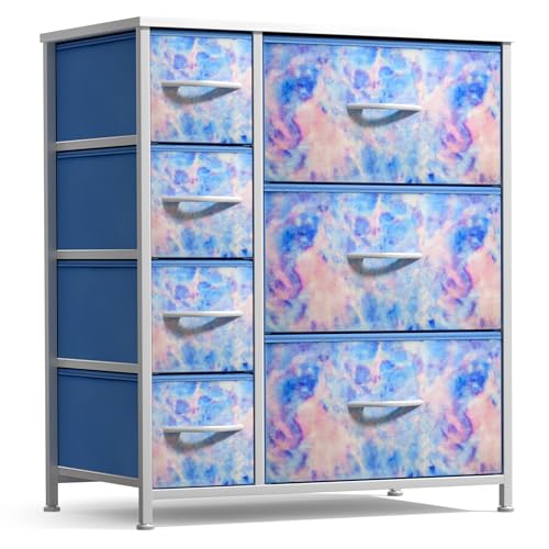 Sorbus Kids Dresser with 7 Drawers - Storage Chest Organizer Unit with Steel Frame, Wood Top & Handles, Tie-dye Fabric Bins for Clothes - Wide Furniture for Bedroom Hallway Kids Room Nursery & Closet - color: Pastel Tie-dye